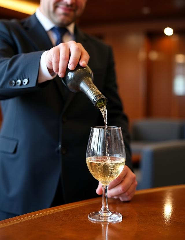 Sommelier versant du vin dans une salle à manger luxueuse
